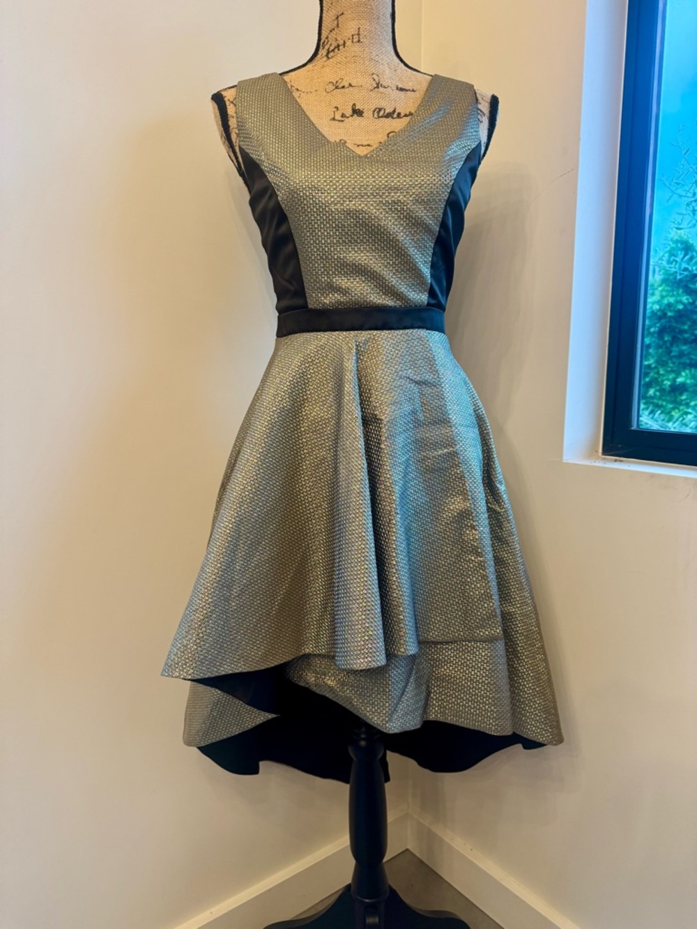 High-Low Metallic Gold Fit & Flare Dress with Black Accents. Rare Nha Khanh